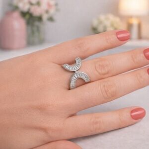 Express Silver Tone Open X Ring with Baguette Accents